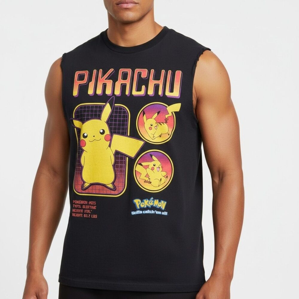 Pokémon Pikachu Graphic Cut-Off Sleeveless Tee Small Black